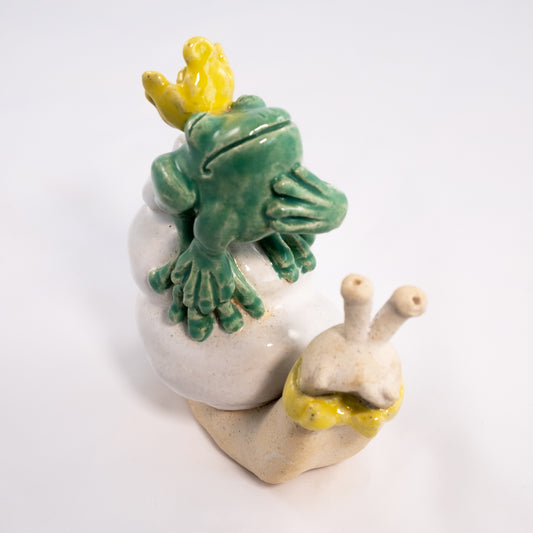 "The Frog King and his Snail Driver" Original Ceramic Sculpture
